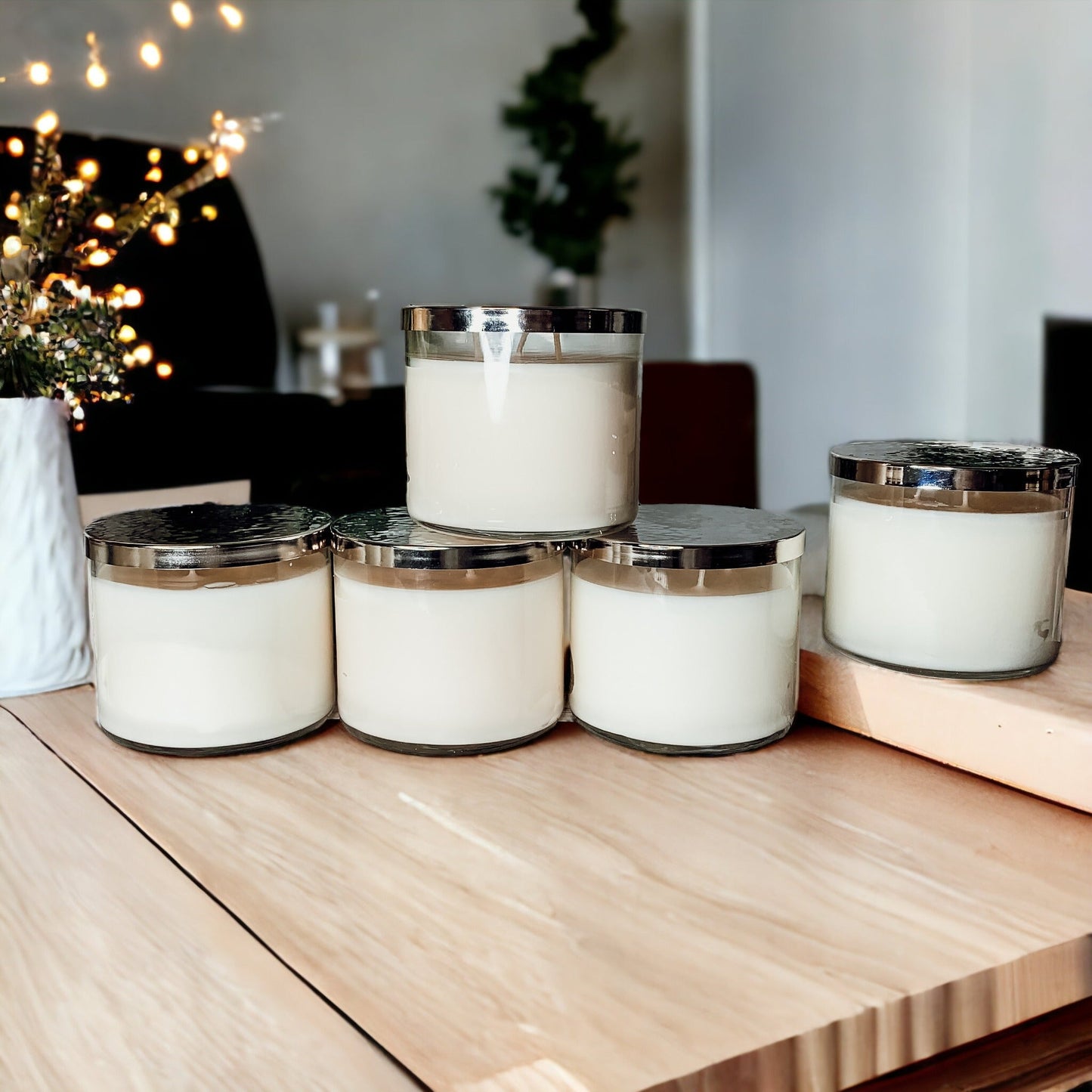 3-Wick Soy Candle 14.5oz Clear Glass Jar Silver Hammered Lid Hand-Poured USA