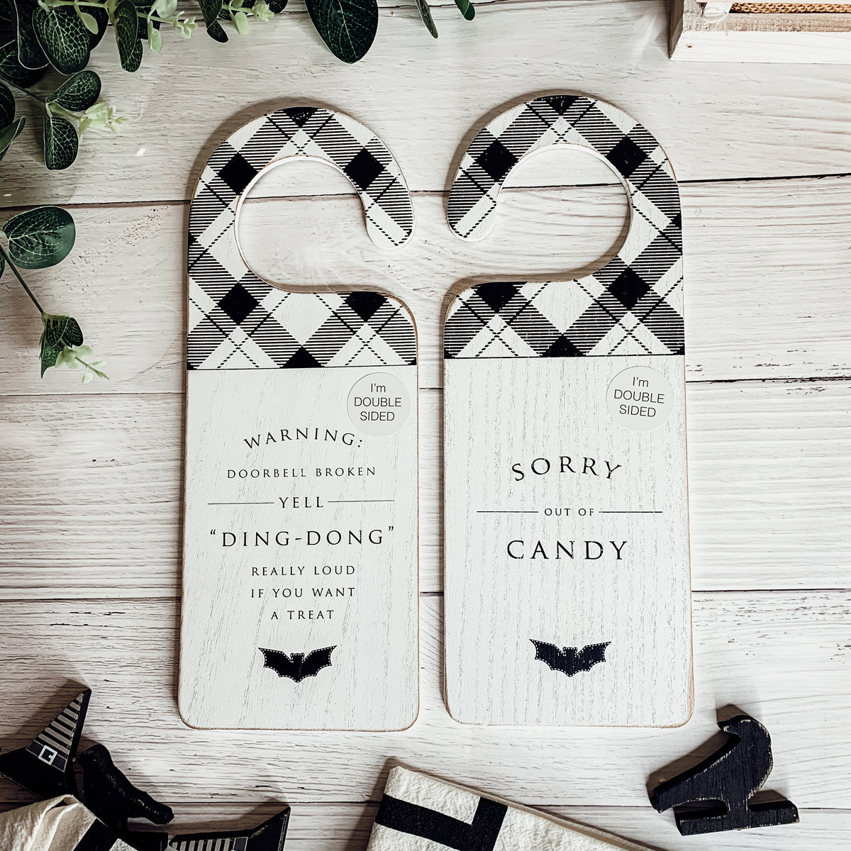 Halloween Double-Sided Door Hanger Spooky Cute Door Knob Sign 5x11.5 Black White