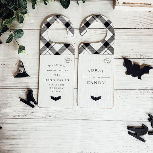 Halloween Double-Sided Door Hanger Spooky Cute Door Knob Sign 5x11.5 Black White