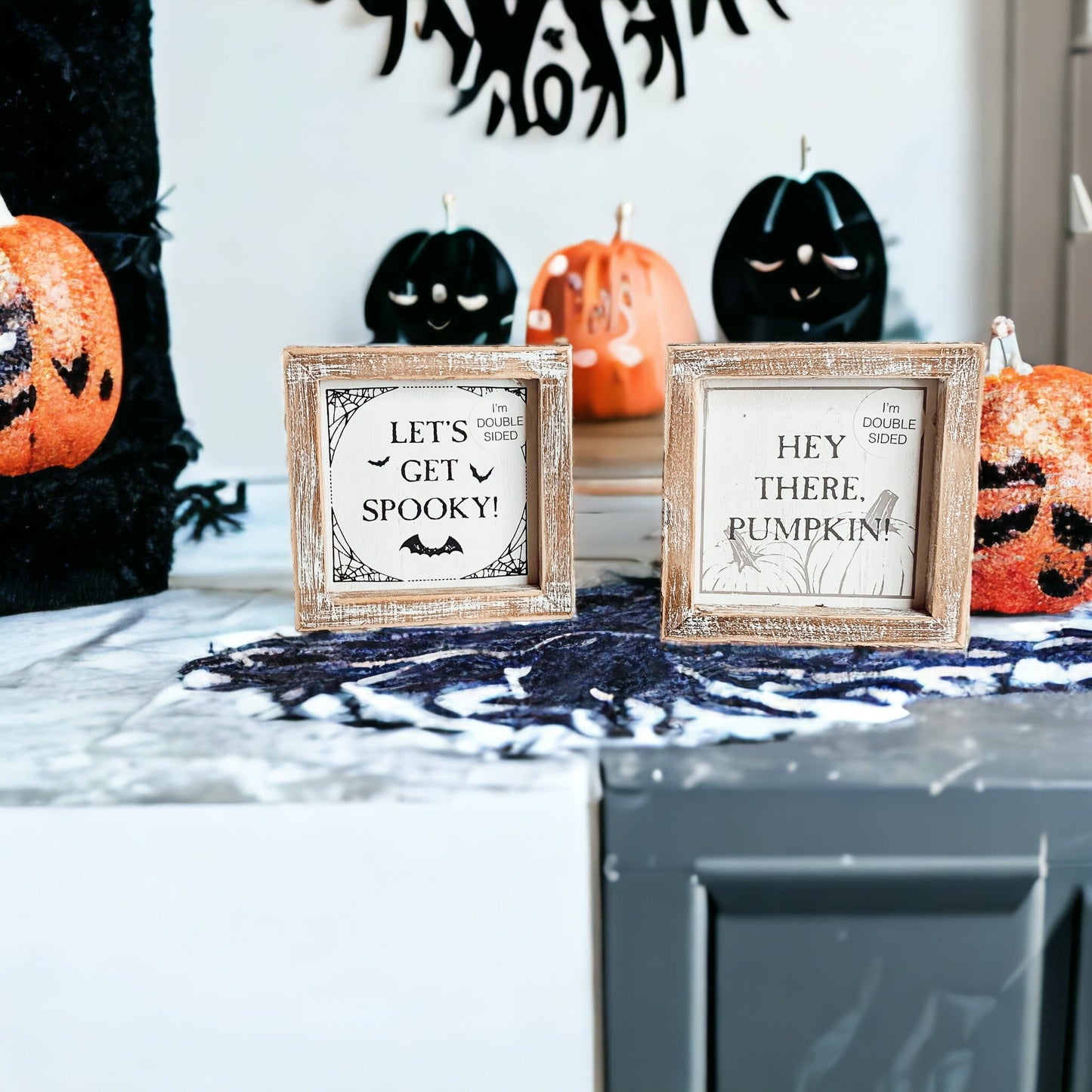 Double-Sided Reversible Pumpkin Sign Hey There Pumpkin / Lets Get Spooky