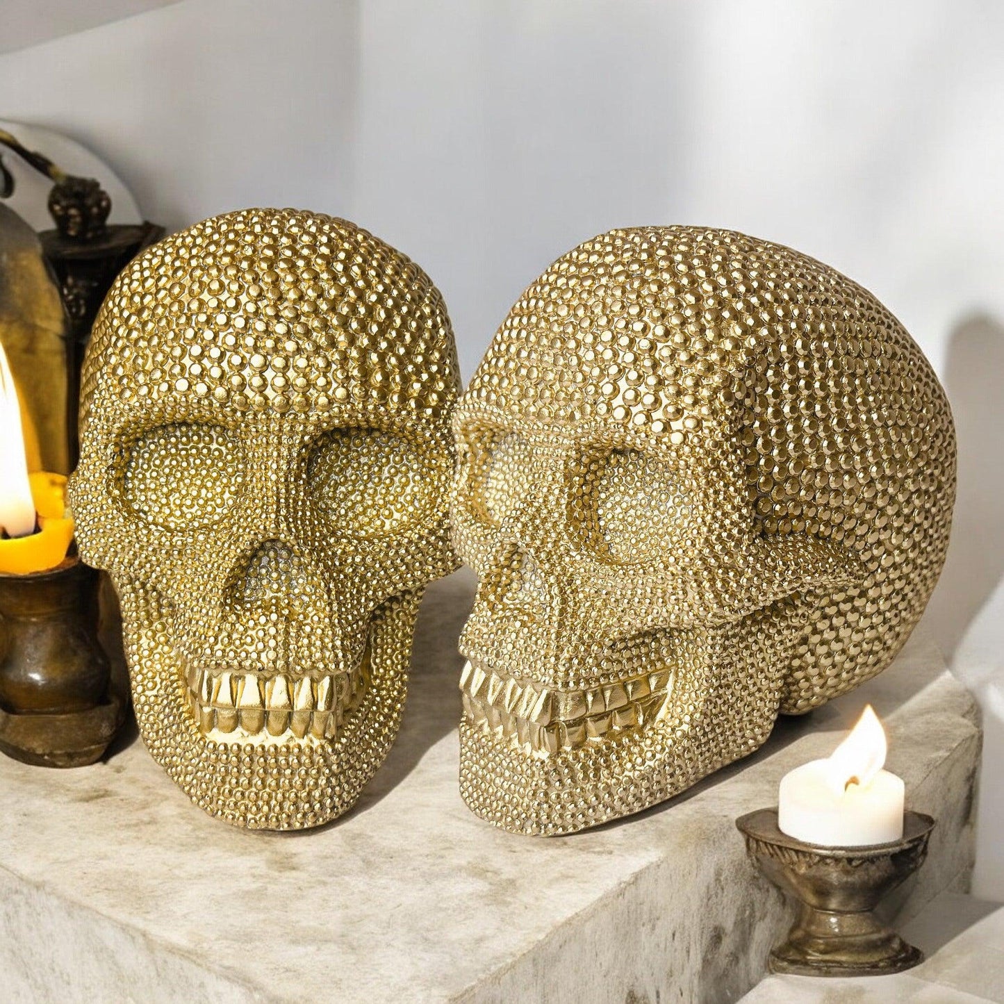 Resin Beaded Skull Decor Silver Skeleton Head Handmade Rustic Bookend Centerpiece Halloween