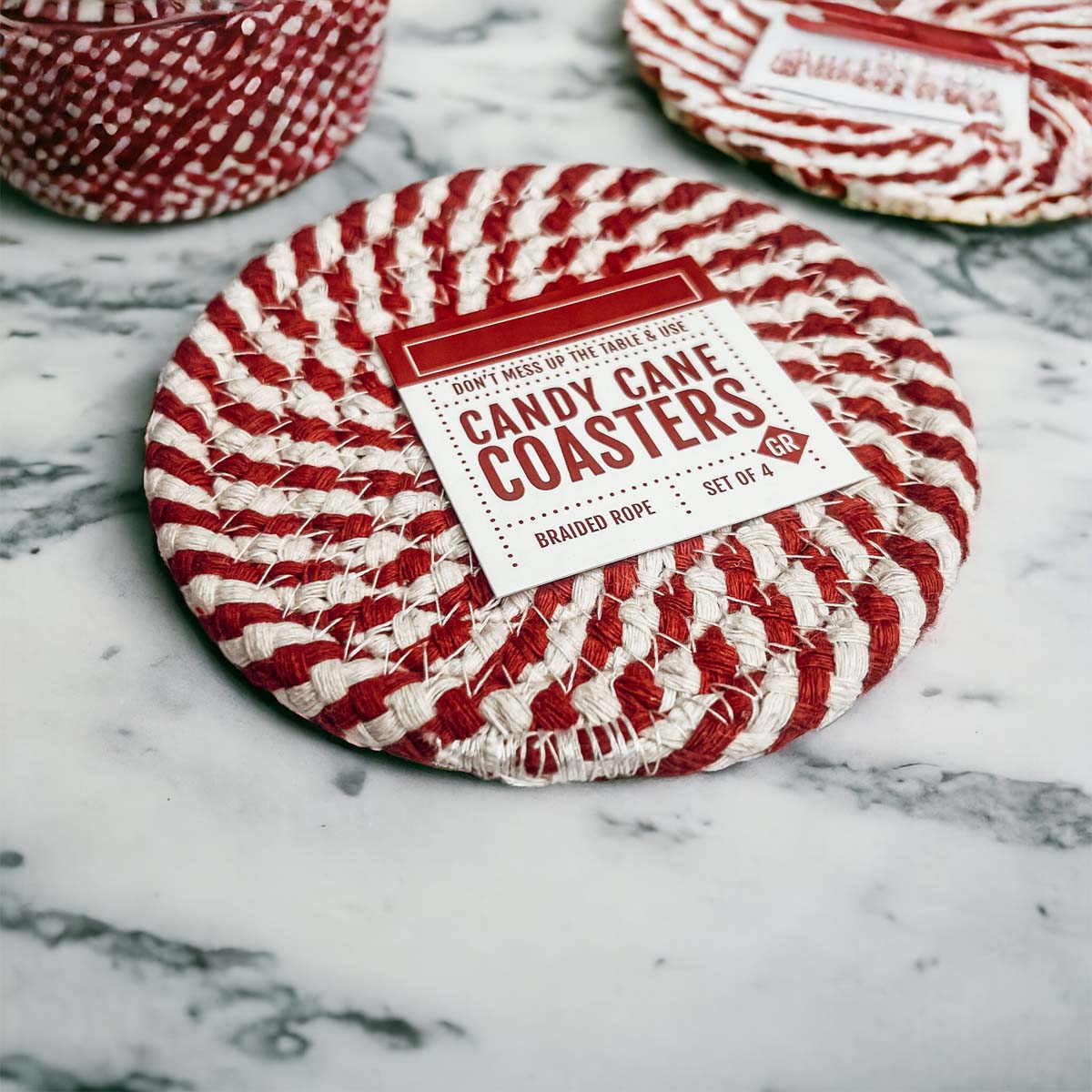 Blue Braided Holiday Coaster Set 4 Pack Candy Cane Stripe Table Protectors Absorbent Drink Mats