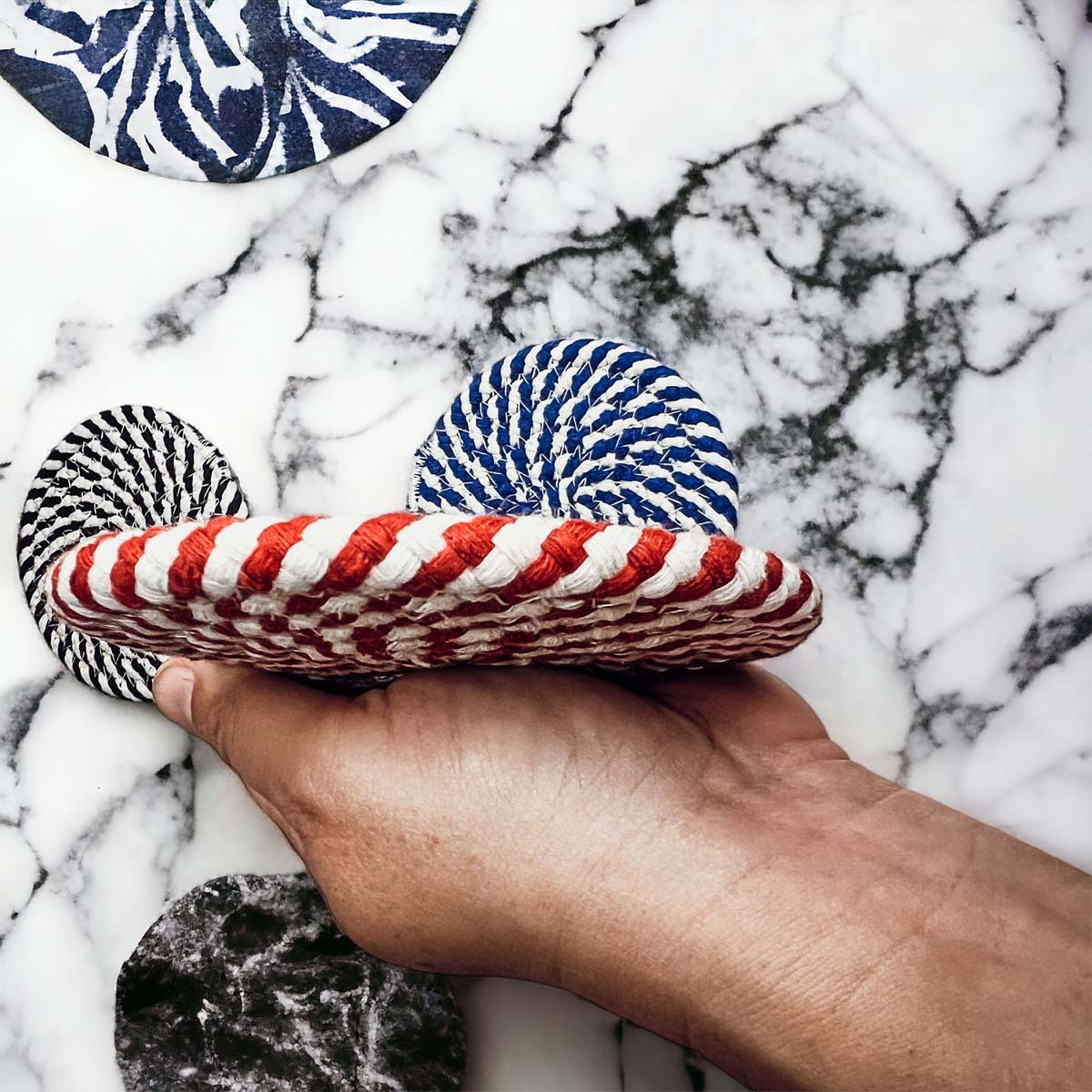 Blue Braided Holiday Coaster Set 4 Pack Candy Cane Stripe Table Protectors Absorbent Drink Mats