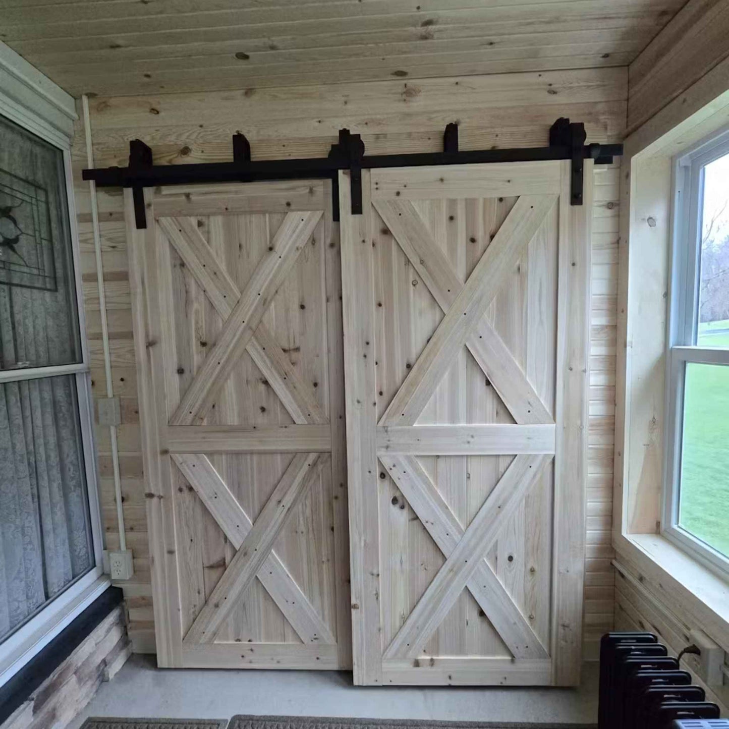 J-Strap Black Double Bypass Barn Door Hardware Kit