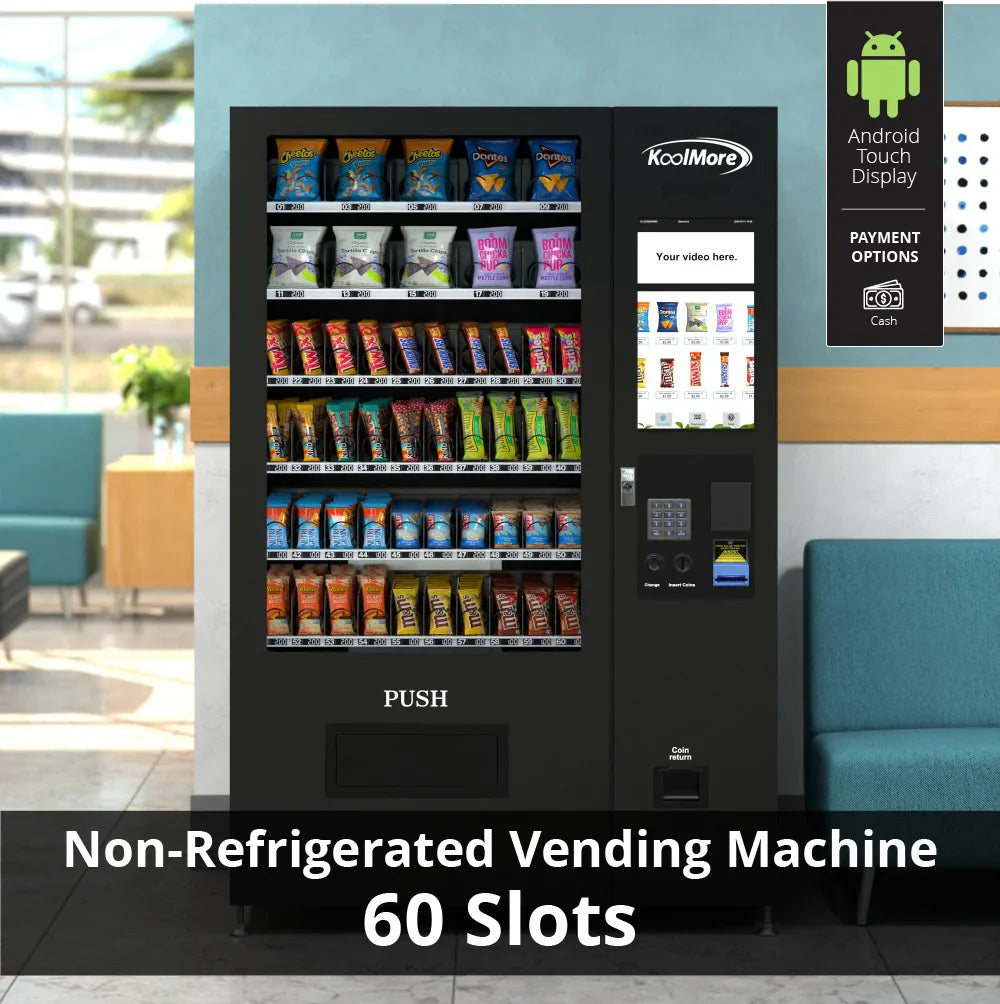 Kool More 50 in. 60-Slot Snack Vending Machine with 22-inch Touch Screen in Black, Non-Refrigerated.