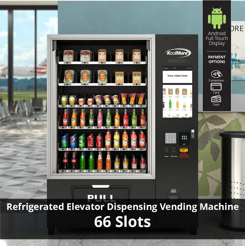 Kool More Snack Vending Machine with 21.5 Inch Touch Display, 66 Slots and Elevator-Lift Dispensing System, Refrigerated, Wifi and 4G Connectivity in Black