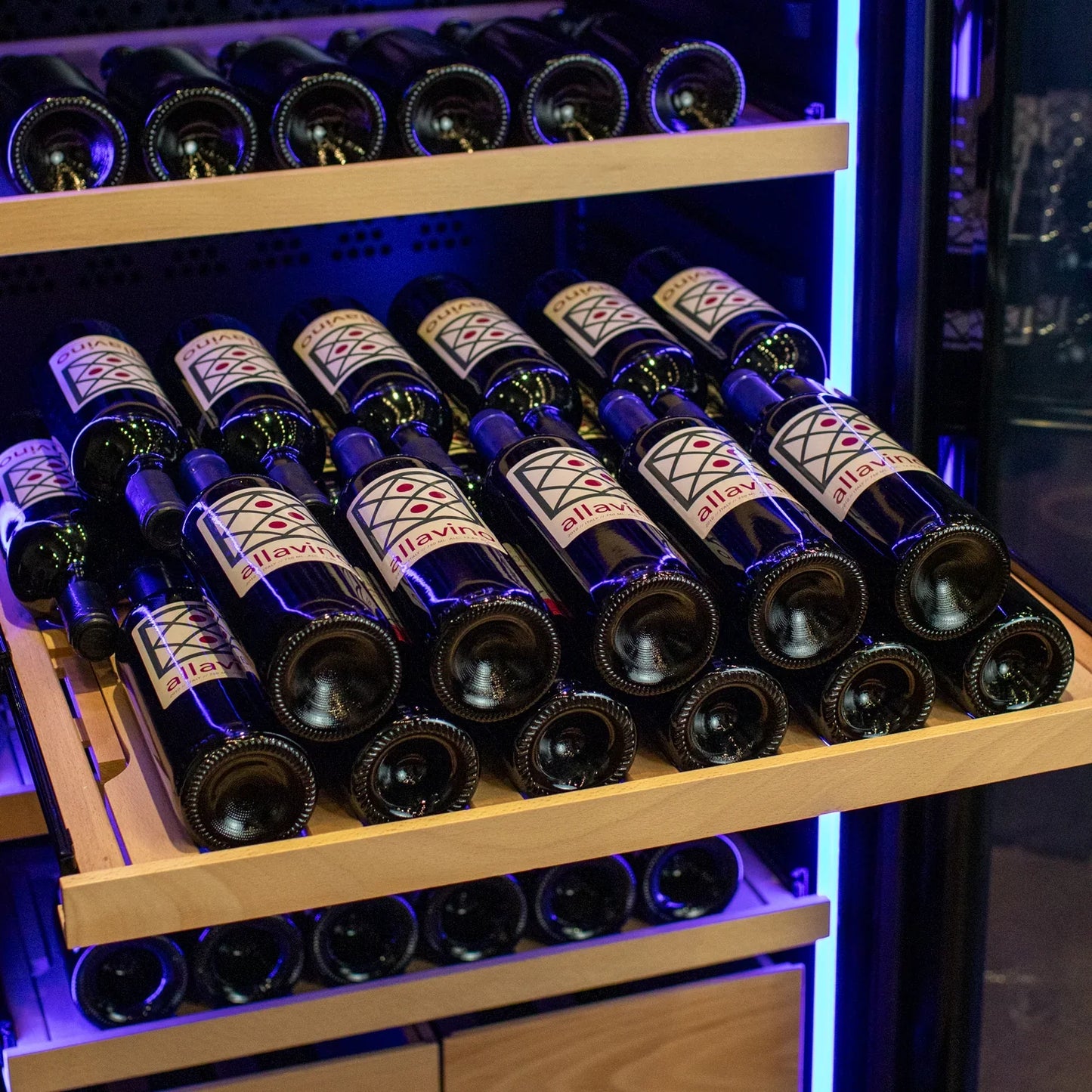 Allavino Freestanding Wine Refrigerator with Display Shelving and Black Glass Door