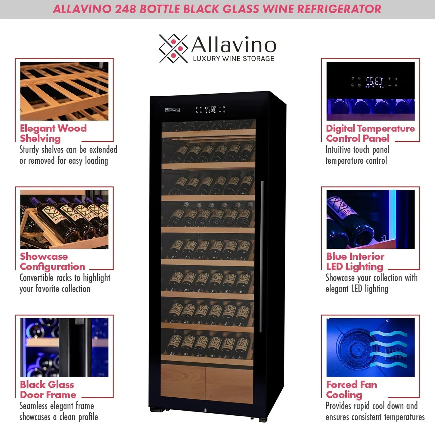 Allavino Freestanding Wine Refrigerator with Display Shelving and Black Glass Door