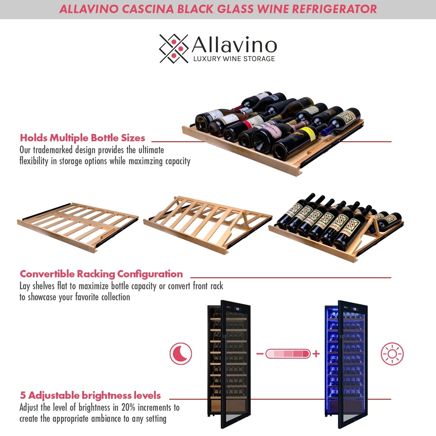 Allavino Freestanding Wine Refrigerator with Display Shelving and Black Glass Door
