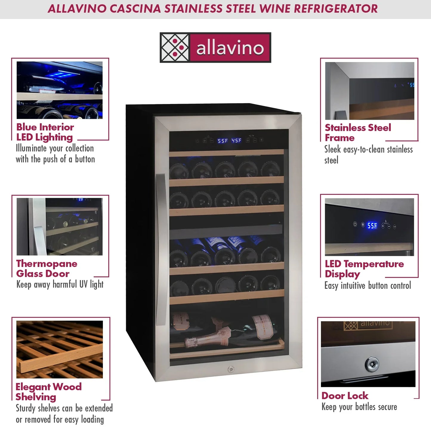 Allavino Cascina Series Freestanding Wine Cooler Refrigerator with Stainless Steel Door