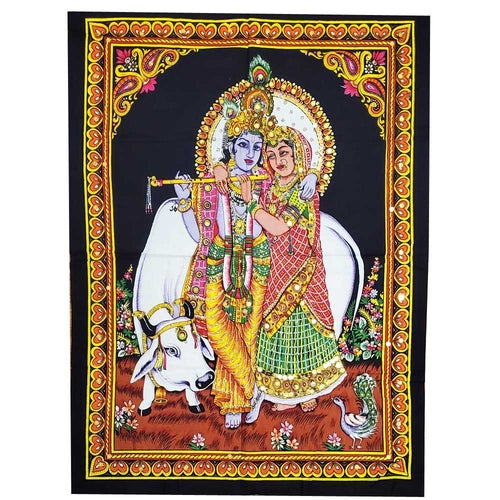 Krishna Wall Art Black Handpainted Cloth Banner Sequin