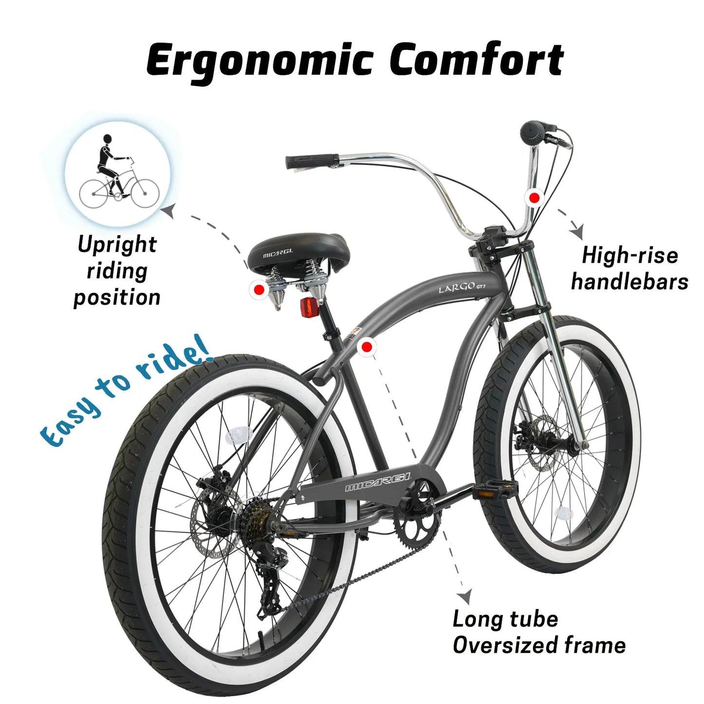 Micargi Largo GT7 26" Beach Cruiser Bike 7-Speed