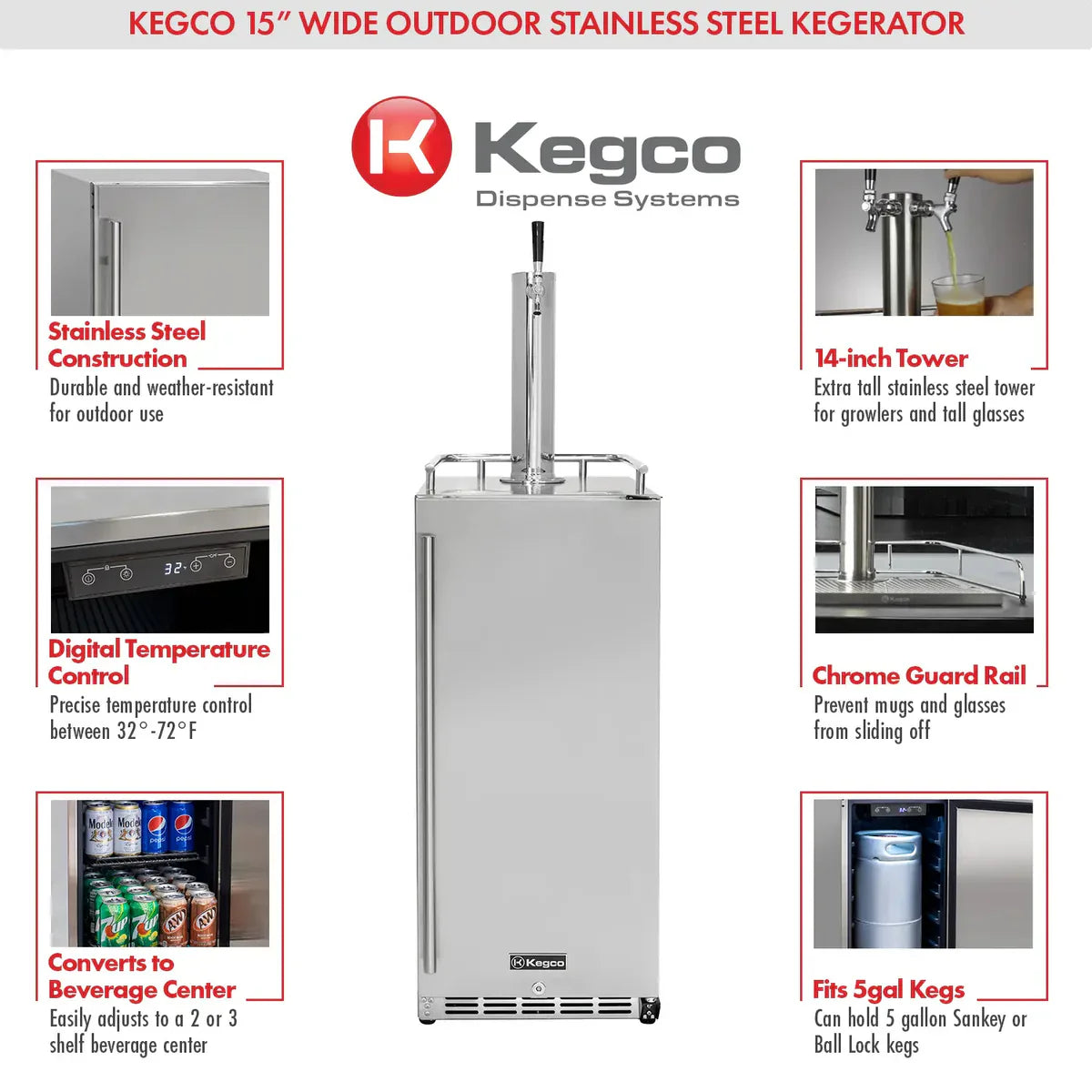 15" Outdoor Single Tap Stainless Steel Built-In Commercial Kegerator