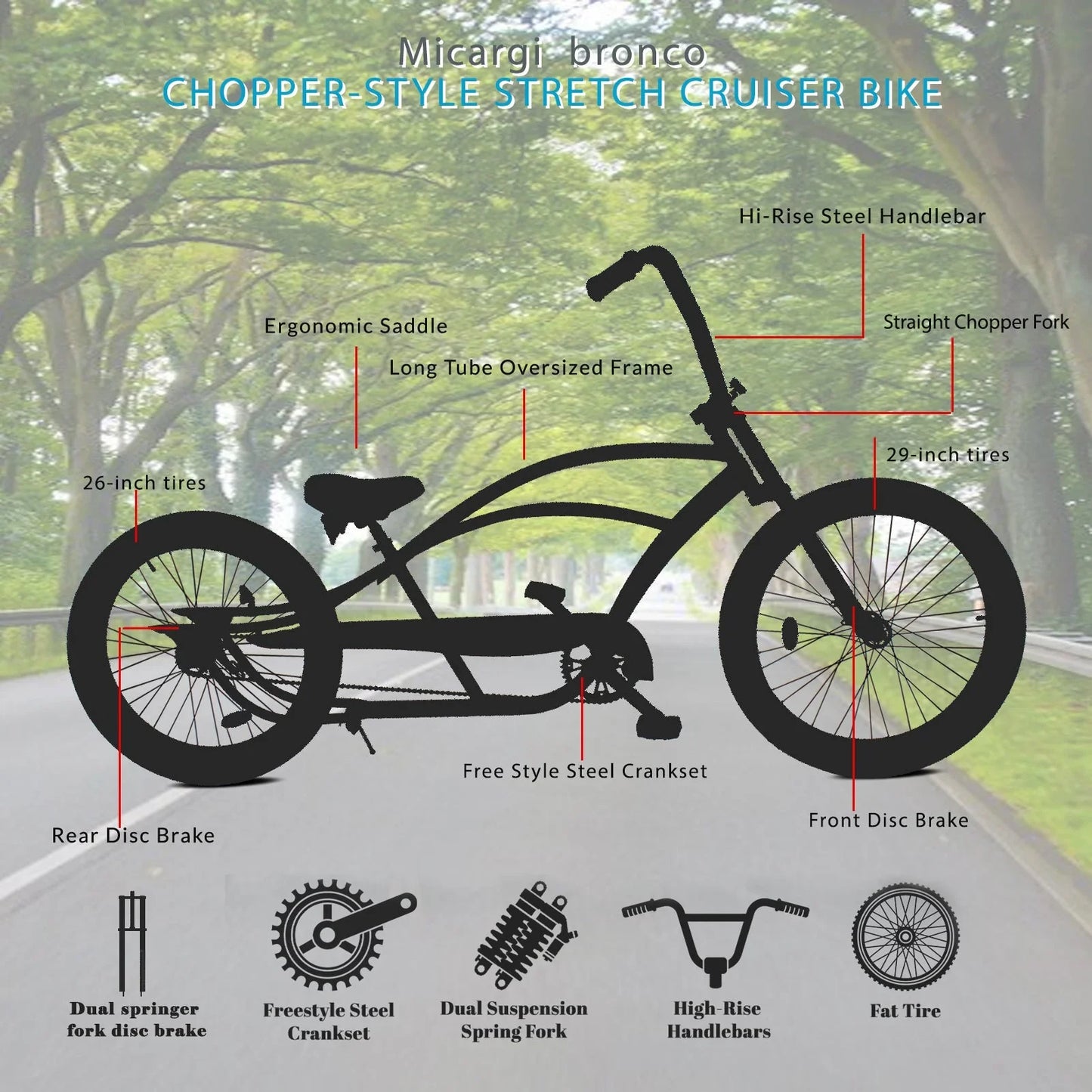 Micargi 26" Bronco 3.0 Single Speed Cruiser Beach Bike