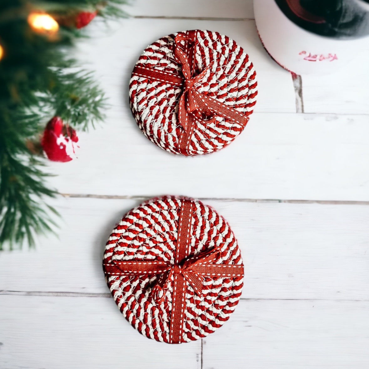 Blue Braided Holiday Coaster Set 4 Pack Candy Cane Stripe Table Protectors Absorbent Drink Mats