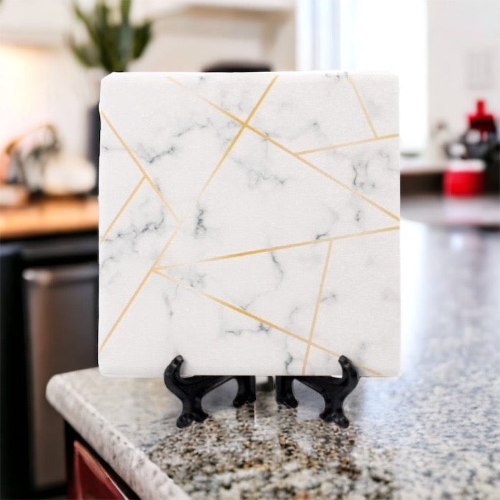 Golden Geometric Ceramic Coaster 4 Inch Cork Back Modern Thirsty Coaster Single Or Set