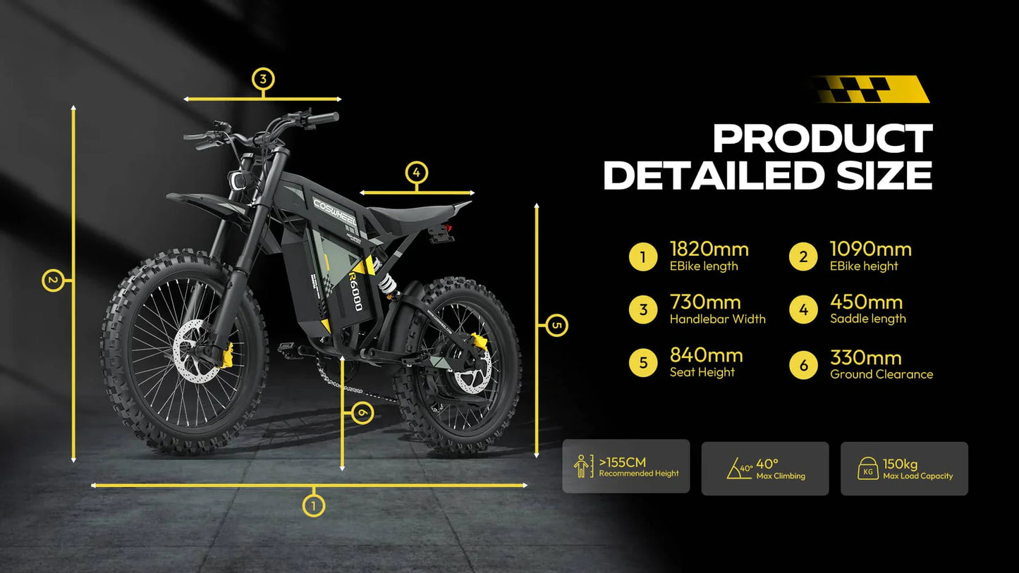 Coswheel R6000 Electric Dirt Bike - 7000W, 55MPH, 80Mi Range