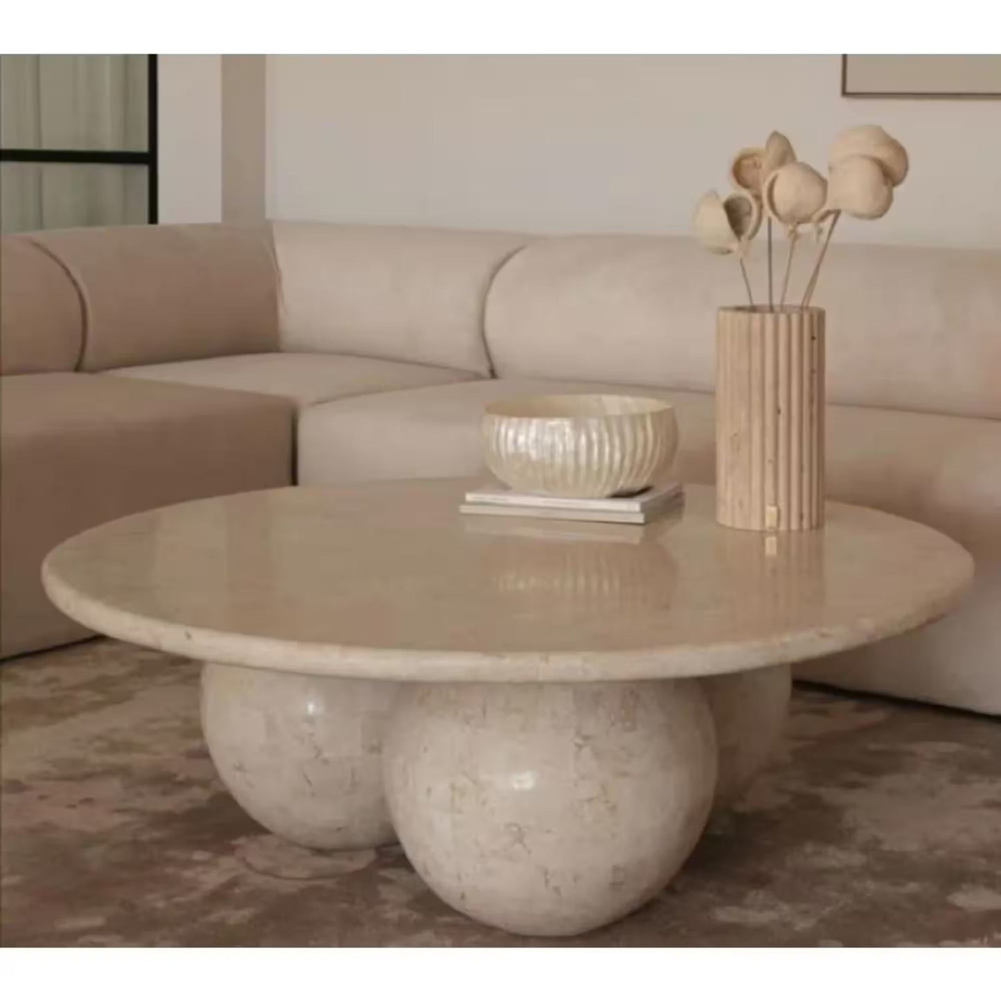 Troia Light Travertine Round Designer Coffee Table with Sphere Legs