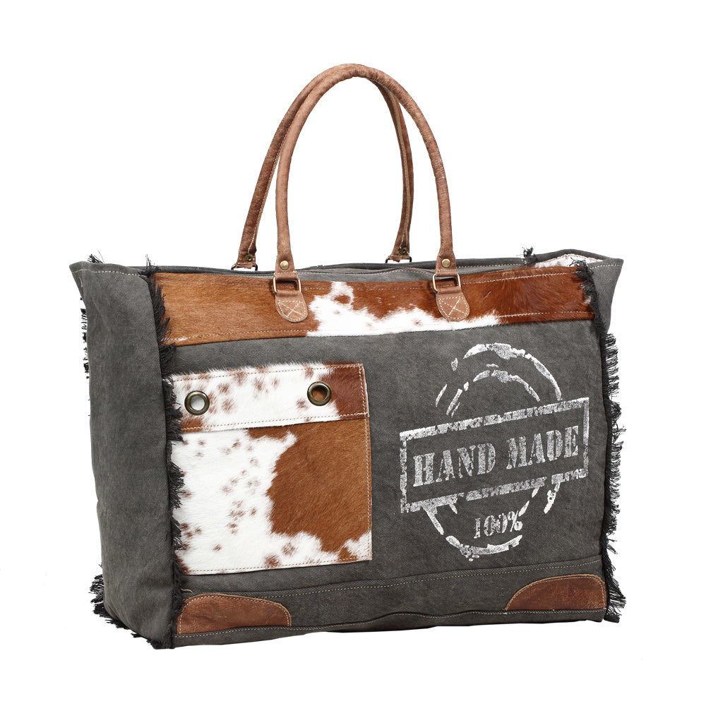 Myra Dakota Trail Hairon Leather Weekender Bag â€“ Handmade Canvas Print with Rustic Fringe Sides & Leather Handles