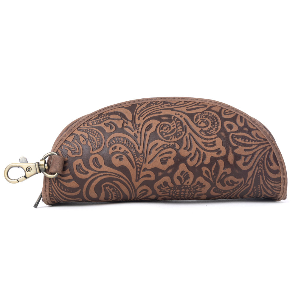 Myra Silver Creek Embossed Leather Sunglass Case in Saddle Brown