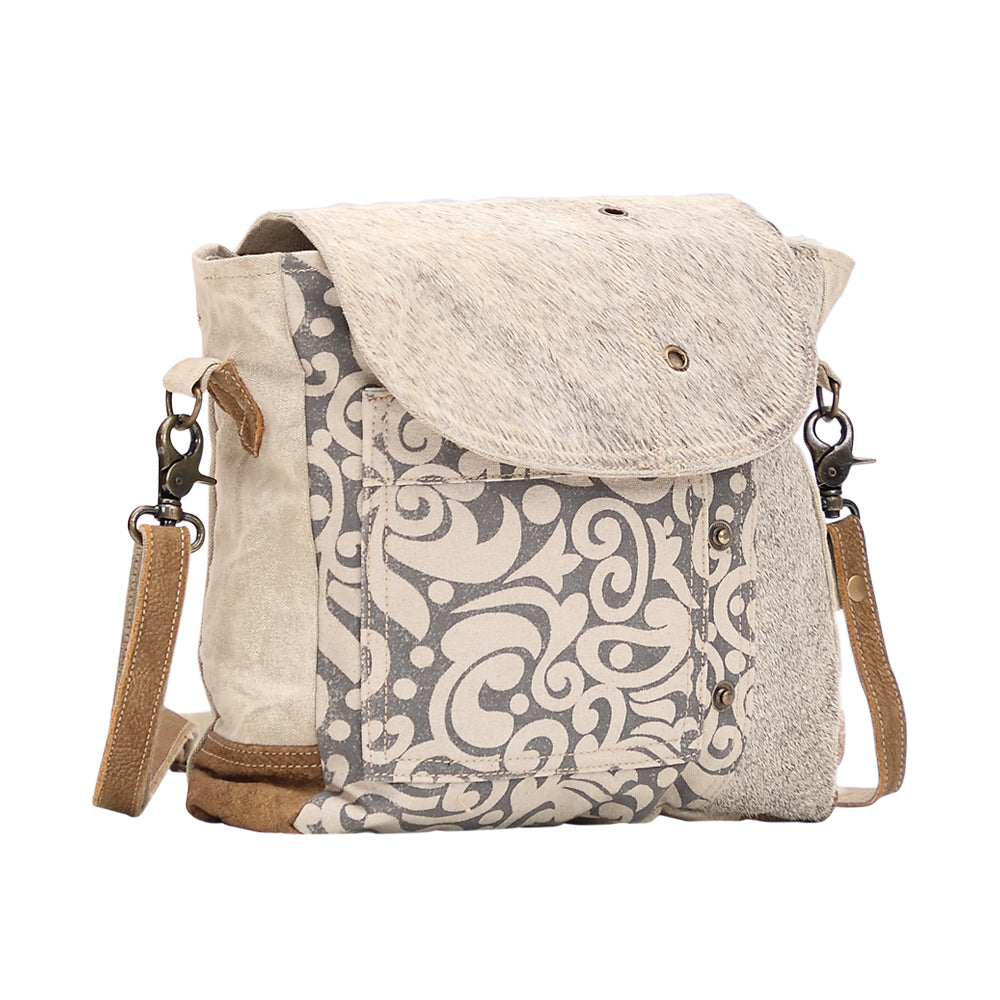 Myra Factual Hairon Leather Messenger Bag â€“ Swirl Canvas, White Hairon Flap, Rustic Straps for Everyday Western Style