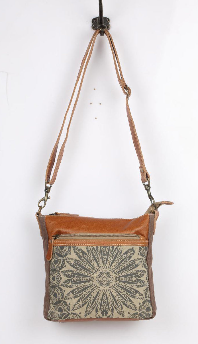 Myra Dizzy Circle Leather Shoulder Bag for Women Sunburst Floral Print, Adjustable Strap, Rustic Everyday Companion