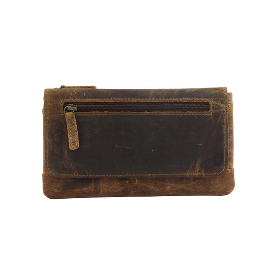 Myra Oak Fire Rustic Brown Leather Wallet - RFID-Protected Zip Pouch for Secure Cards & Cash Storage