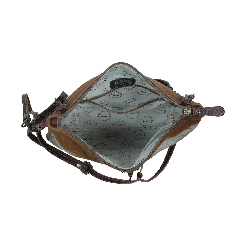 Myra Blue Isle Embossed Leather Crossbody Bag for Women Small Size Western Sling with Hairon Accents