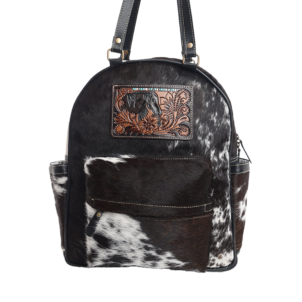 Myra My Vista Hairon Leather Backpack – Dual Handles, Floral Tooled Patch, Spacious Compartments
