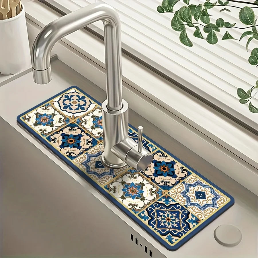 VIKAMA Premium Retro Pattern Kitchen Sink Splash Guard Faucet Mat Kitchen Countertop Absorbent Mat Bathroom Faucet Mat Drying Ma