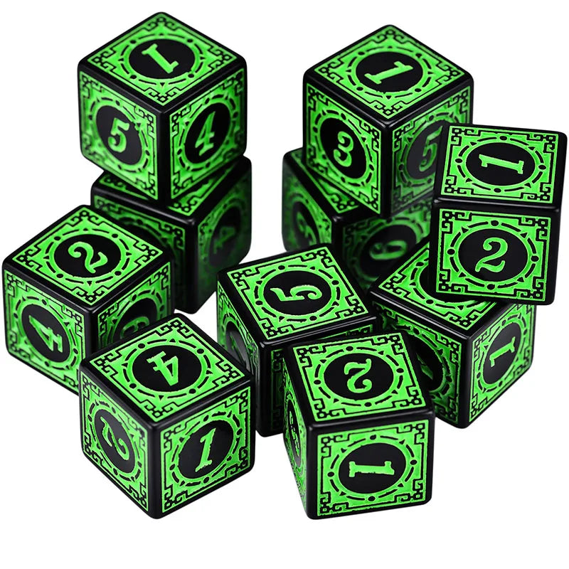 10PCS/Set Acrylic Dice Set D6 Carved Pattern Polyhedron Dice 6-sides Game Dice for RPG Dungeons and Dragons Board Game
