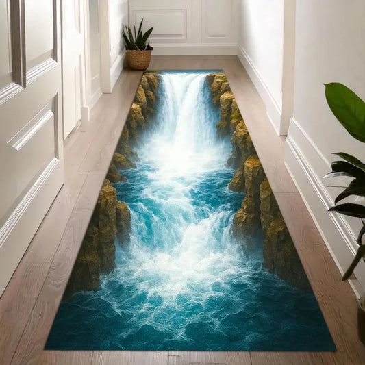 3D Waterfall Canyon Carpet Mat Rug Realistic Nature Print Non-slip Floor Mat for Living Room Bedroom Hallway Home Decoration