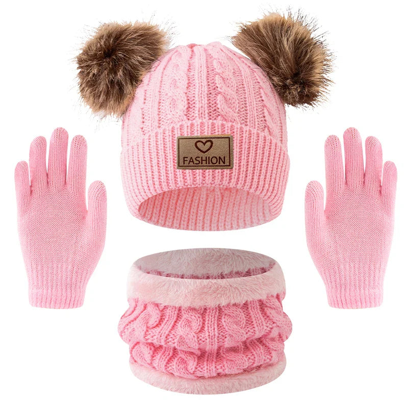 3pc 2-12Y Autumn and Winter Children's Hats and neck Gloves Set, cute, comfortable and warm, hats for boys and girls