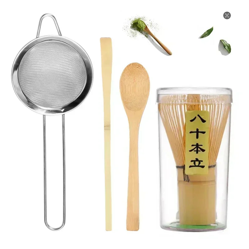4Pcs Matcha Whisk Set Handmade Bamboo Matcha Whisk Traditional Tea Scoop Deep Scoop Tea Strainer Clear Whisk Storage Holder