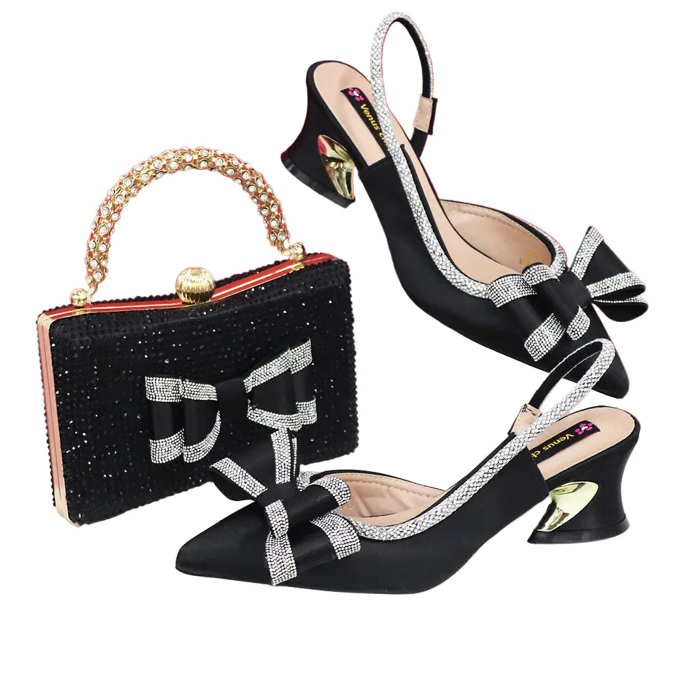 Med Heel Shoes for Women Italian Design Shoes and Bag Set ED345