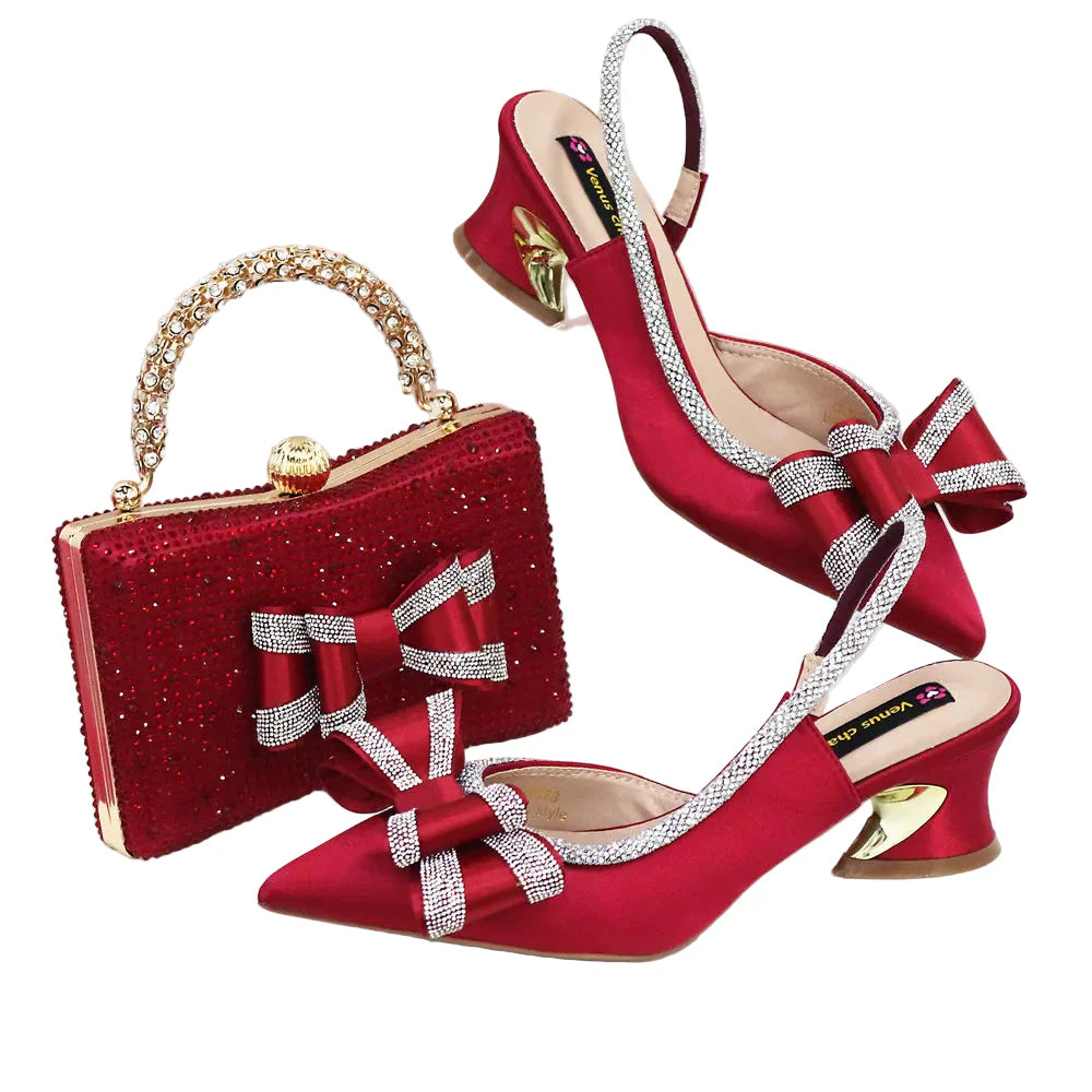 Med Heel Shoes for Women Italian Design Shoes and Bag Set ED345