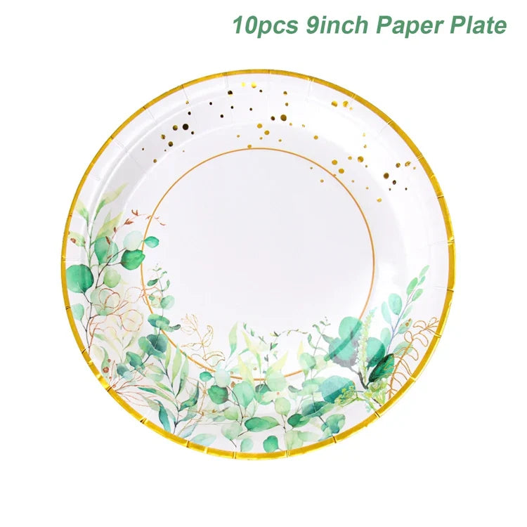 Sage Green Leaves Disposable Tableware Gold Edge Paper Plate Cup Napkins Wedding Decor Birthday Hawaiian Party Decoration