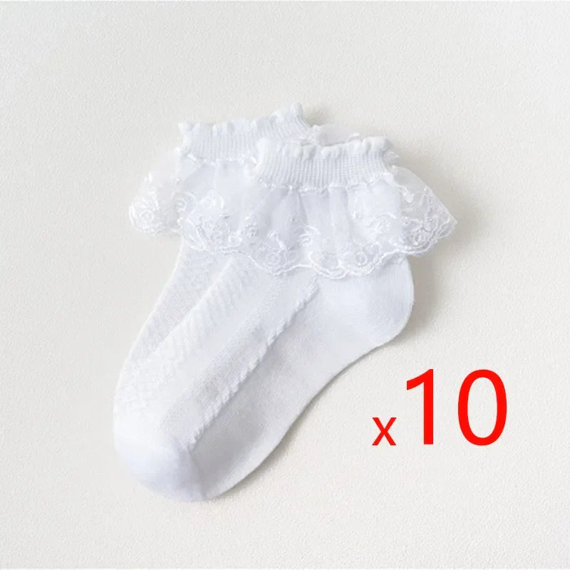 10 Pairs Baby Girls Socks – Lace Ruffle Princess Ankle Socks, Breathable Cotton Mesh for Toddlers, White, Pink & Blue