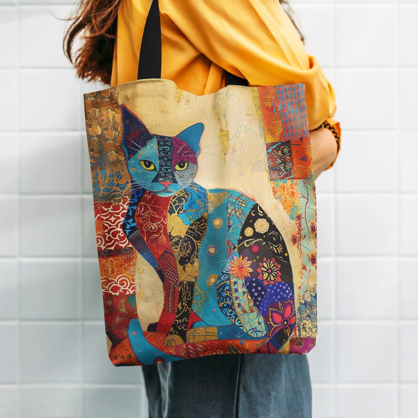 Eco-Friendly Canvas Tote Bag – Floral Cat Design & Lightweight