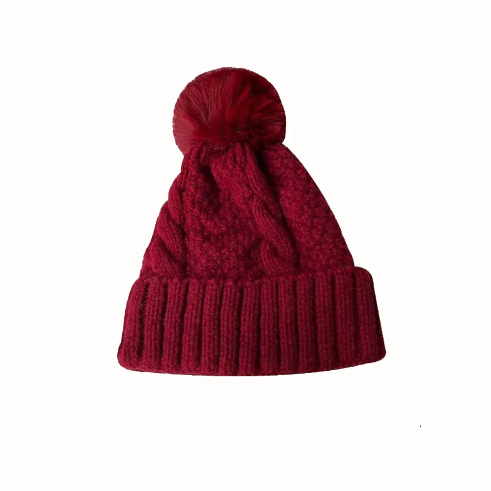 New Winter Twist Knitting Hat For Women Fur Pompom Thick Plush Cap Beanie Solid Color Ladies Warm Ski Snow Skullies Beanies