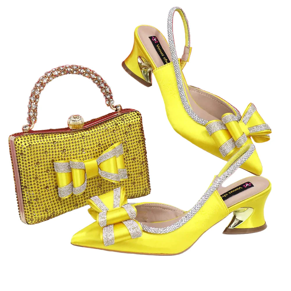 Med Heel Shoes for Women Italian Design Shoes and Bag Set ED345