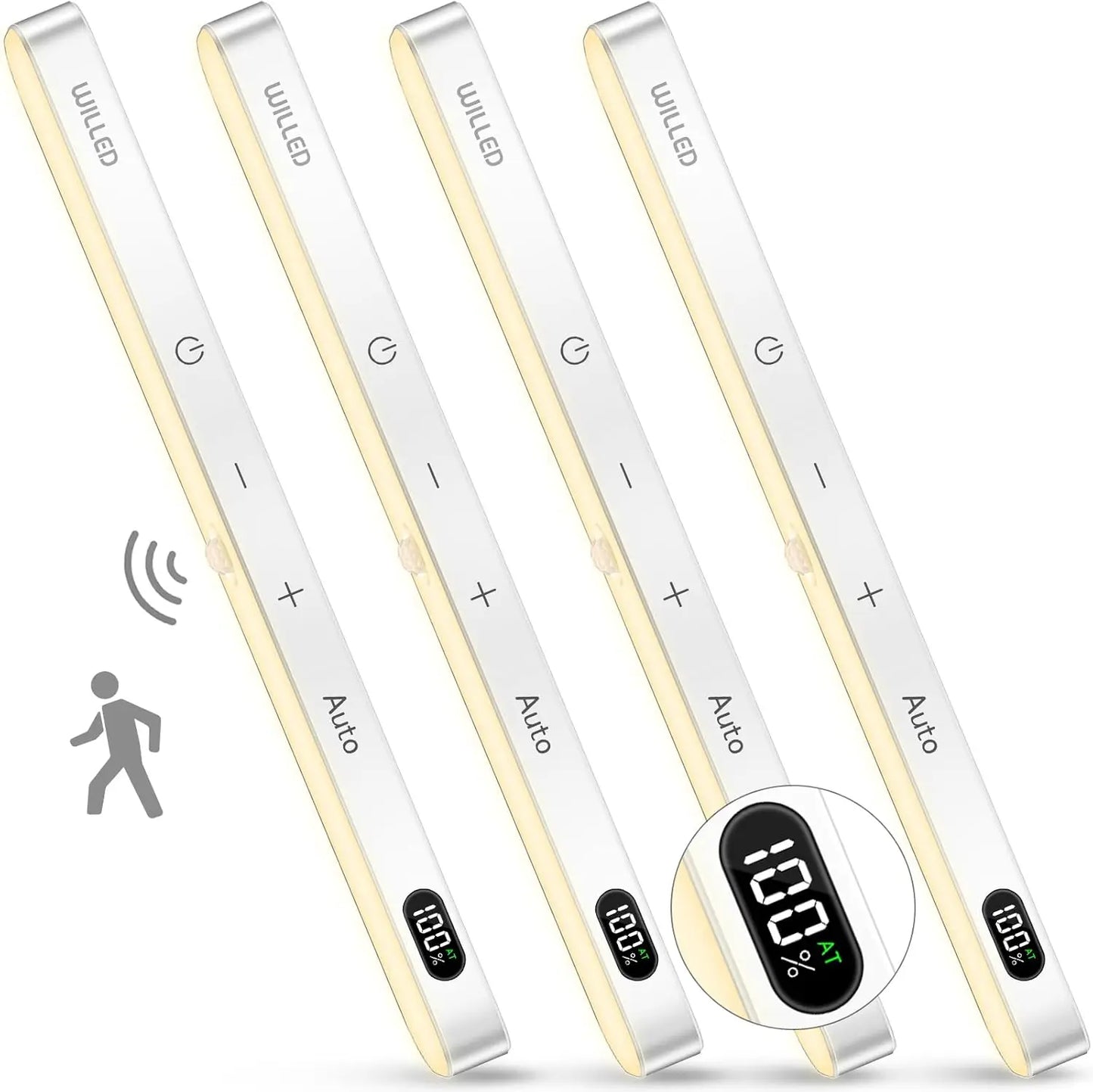 WILLED Warm Light Motion Sensor Cabinet Light Battery Display 60 LED Touch Light Bar Wireless Rechargeable Battery Night Light