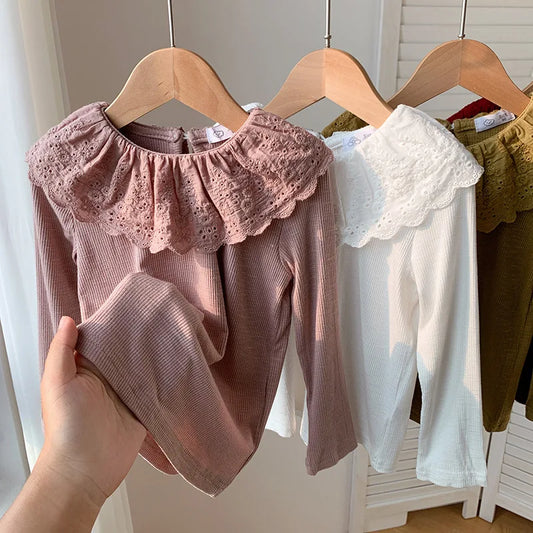 1-12 Years Girls Long Sleeve Lace T-Shirt – Spring Knitted Top with Ruffle Collar, Korean Style Children’s Shirt 2025