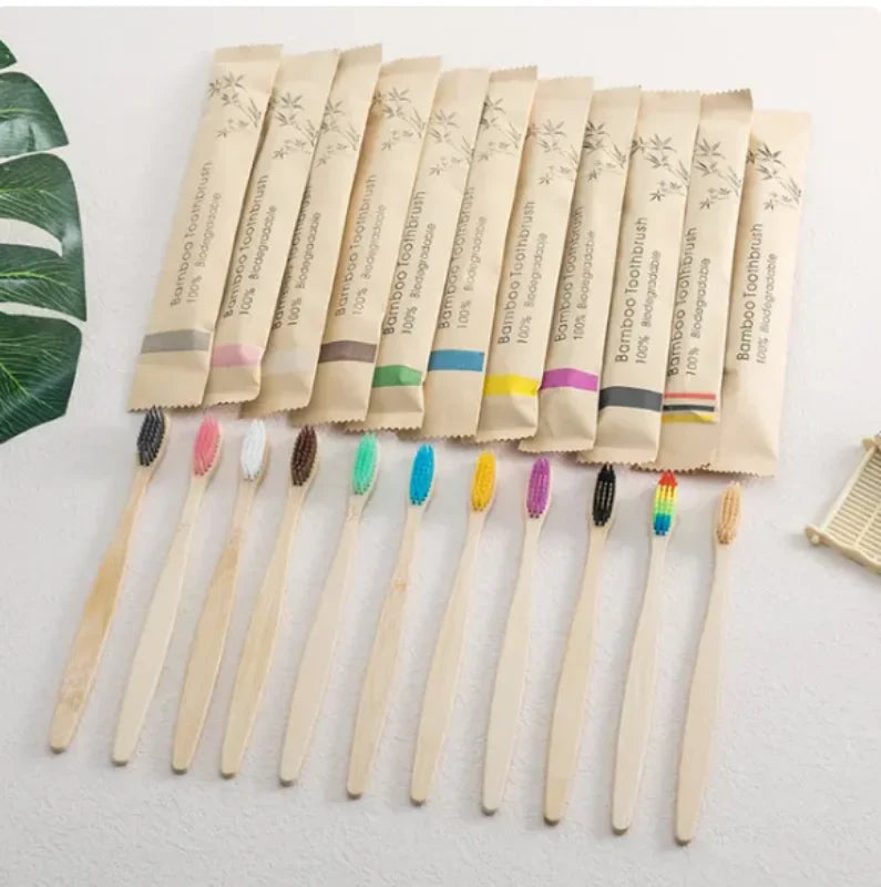 Single Cowhide Wrapped Bamboo Toothbrush Set Natural and Environmentally Friendly Bamboo Toothbrush Tablet One Box of 10 P