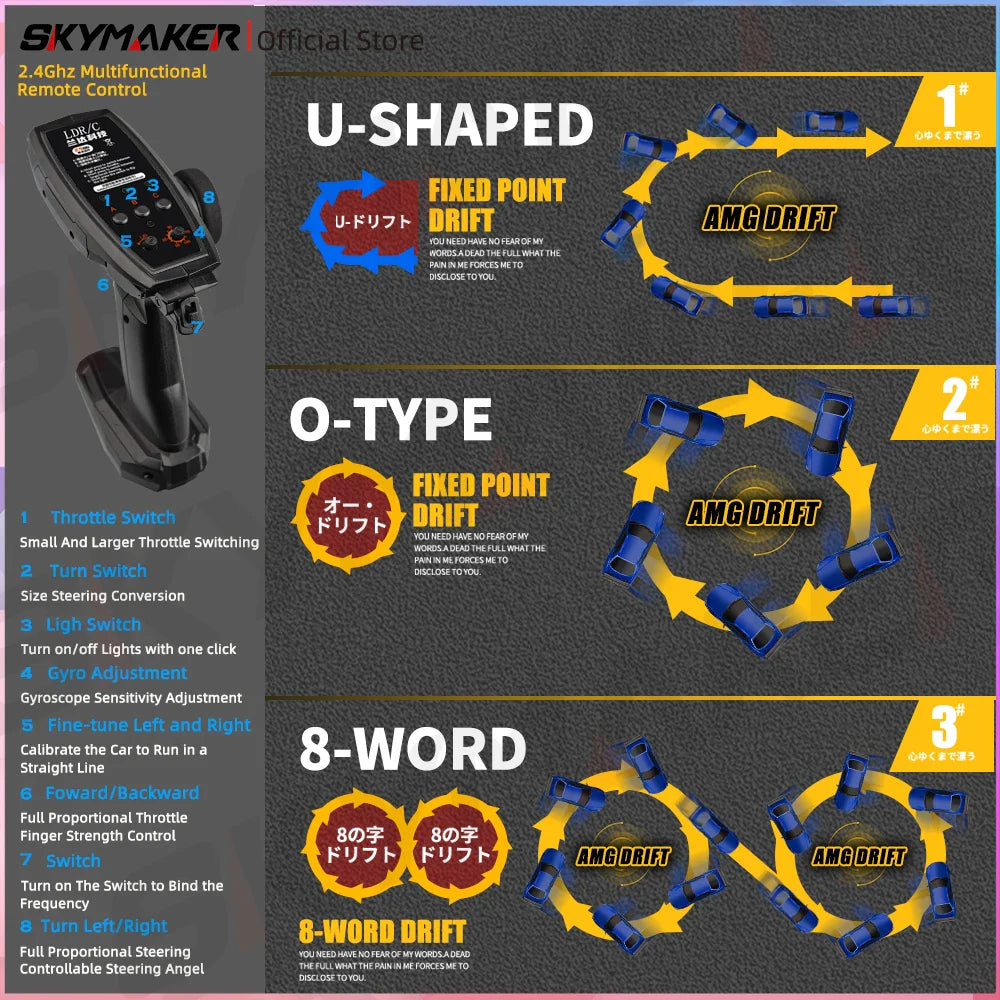 Skymaker LDRC 1/18 RC Drift Car LD1899 GTR Mode R34 2.4GHz RWD with Gyroscope on-Road Alloy Body Shell Racing Car for Boys Gifts