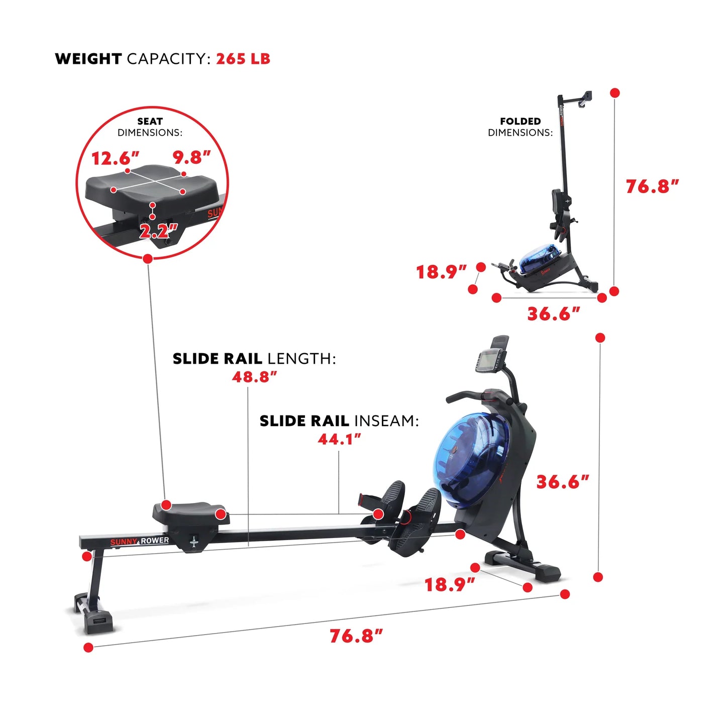 Hydro + Dual Resistance Smart Magnetic Water Rowing Machine by Sunny Health & Fitness
