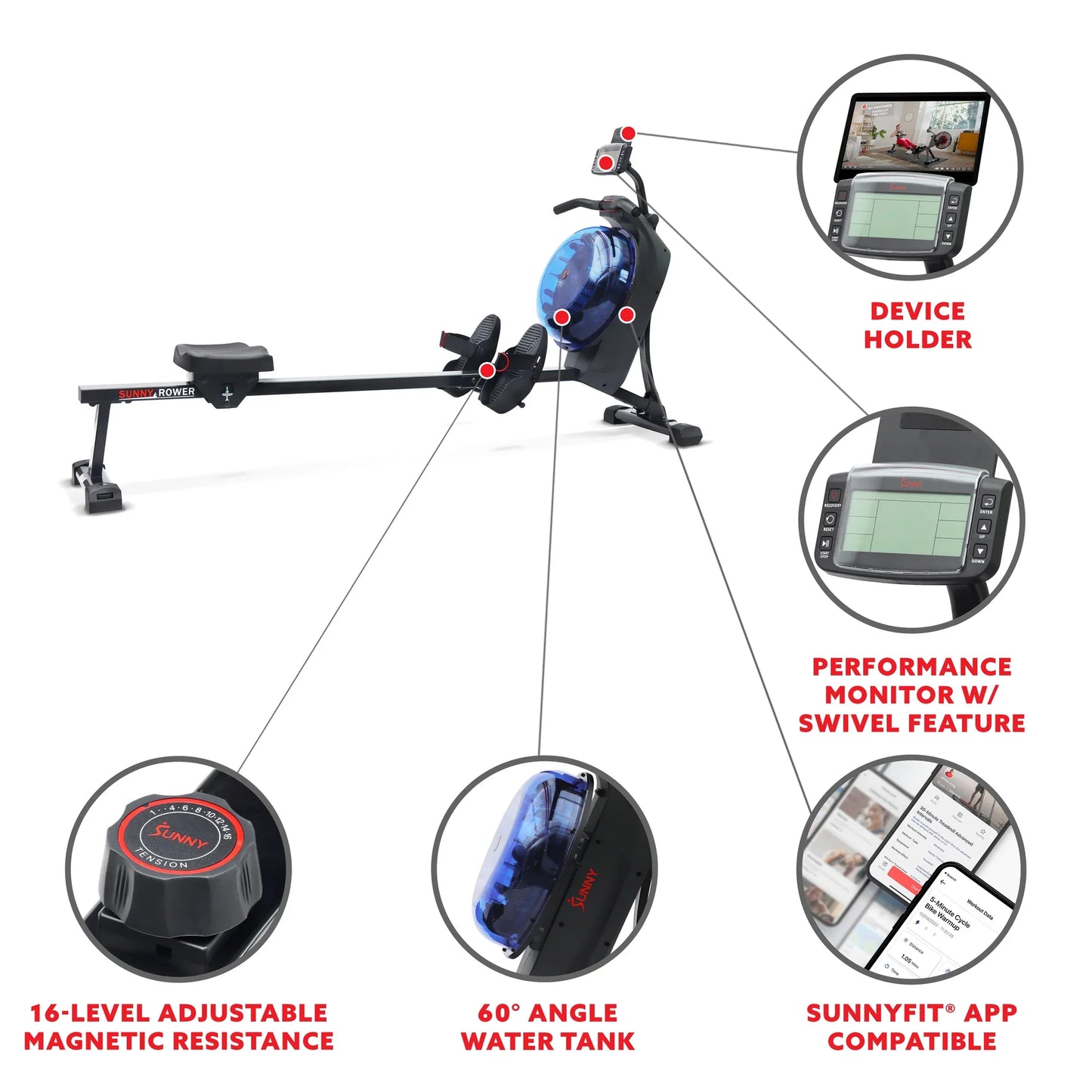 Hydro + Dual Resistance Smart Magnetic Water Rowing Machine by Sunny Health & Fitness