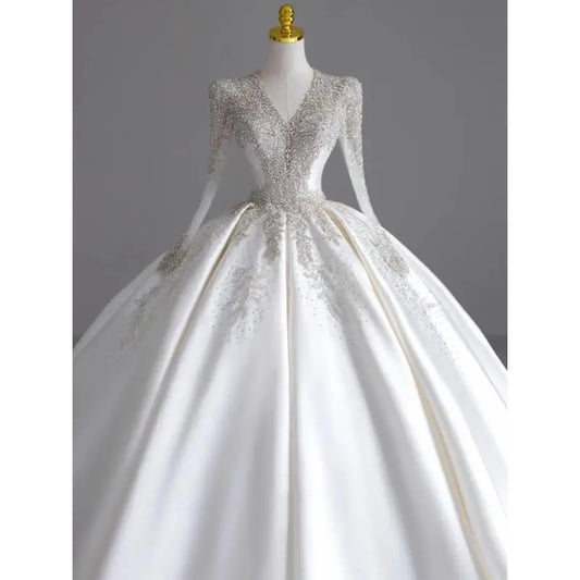 Long Sleeve Satin V-neck Wedding Gown EDW109