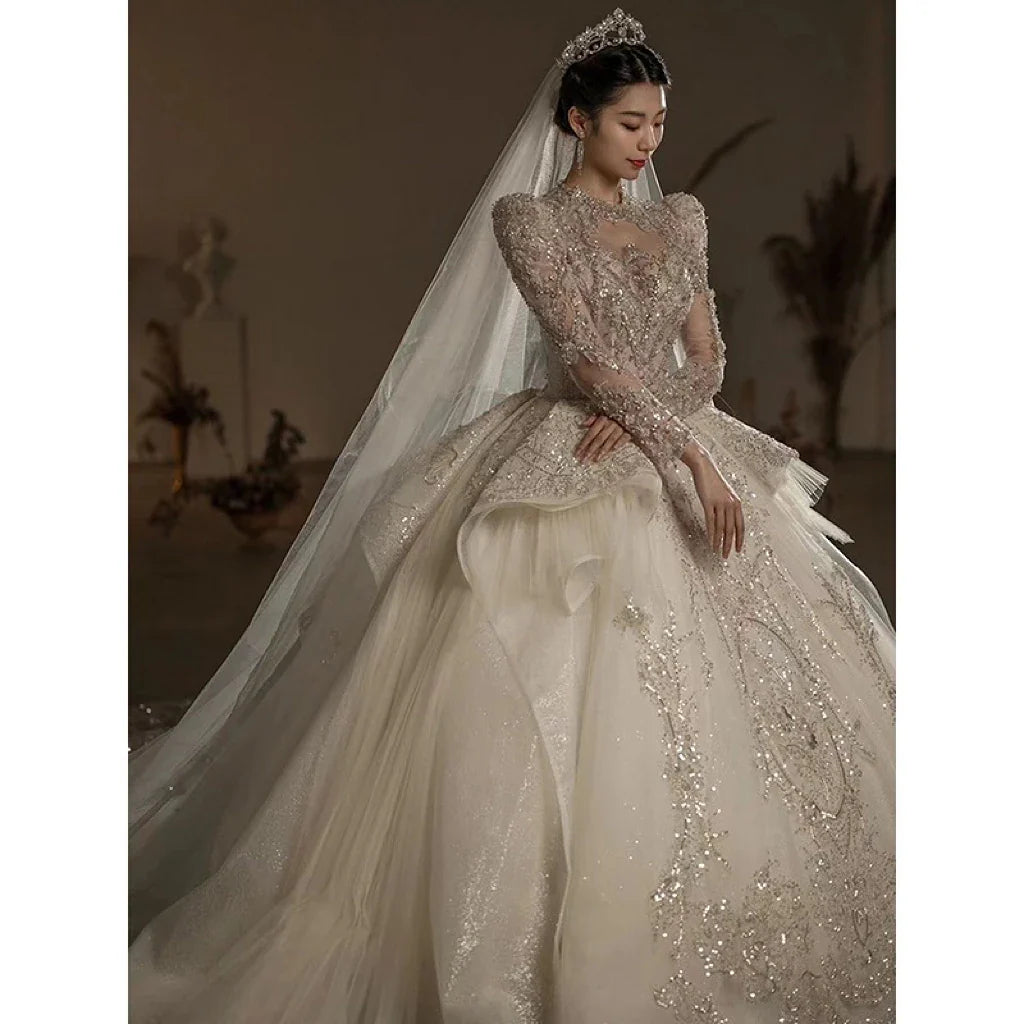 Luxury Wedding Gown with Shiny High Neck Beads EDW239