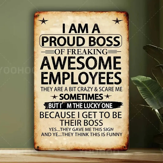 1 Piece 'Awesome Employee's Proud Boss' Aluminum Sign, 8x12 Inches - Humorous and Motivational Wall Art with Vintage Design